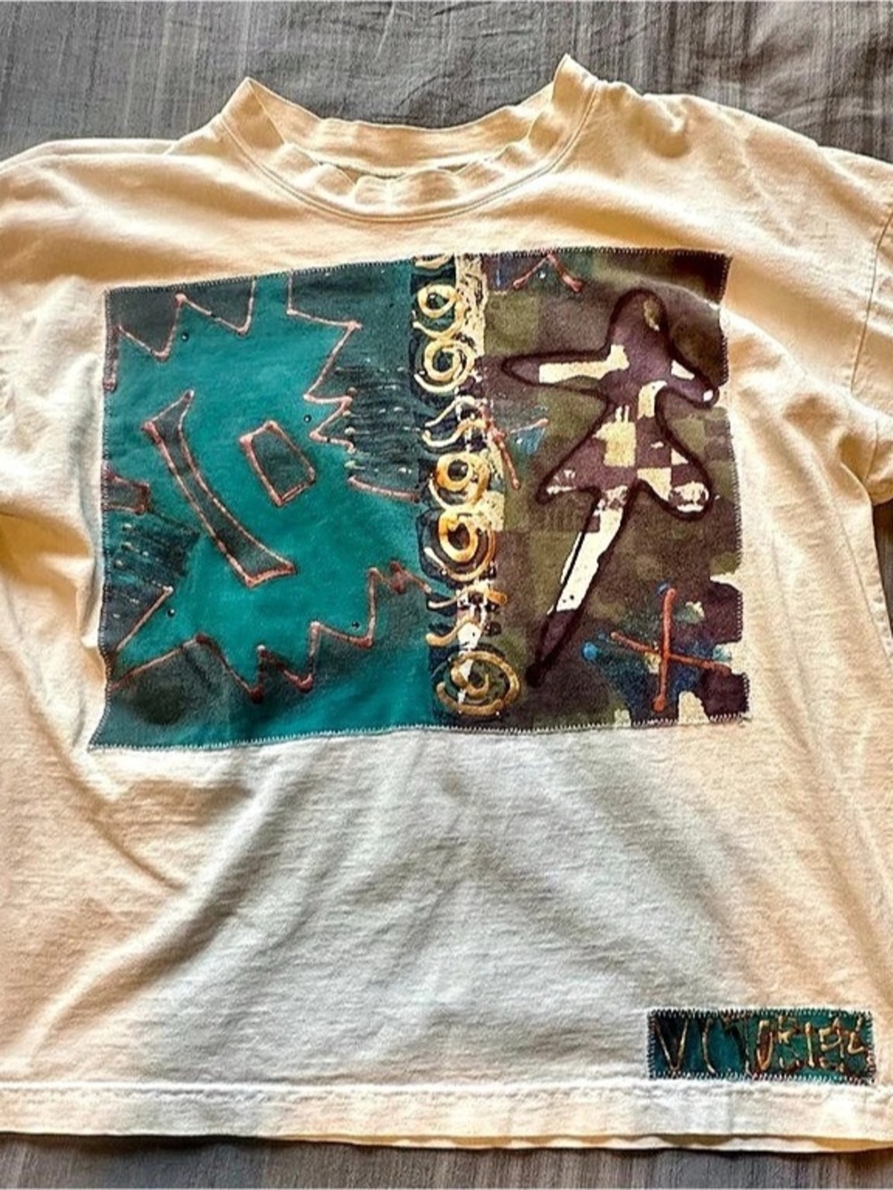 V.C. Torias Hand Designed Woman’s  Graphic Short Sleeve Tee in Cream & Blue